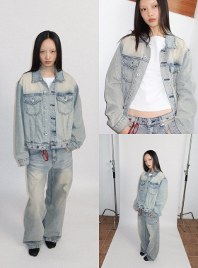 FUNKYFUN 2025AW 紫底浅色重工洗水做旧磨破宽松牛仔翻领夹克外套