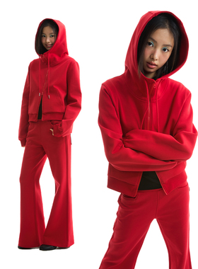 FUNKYFUN 2025SS 黑色红色纯色双拉链立领连帽短款开衫空气层卫衣