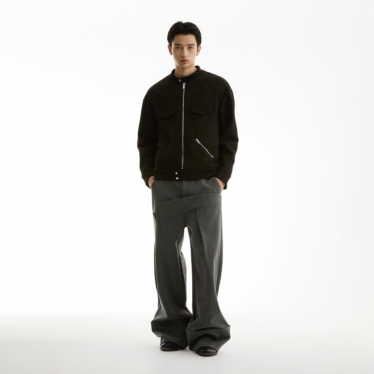 FUNKYFUN黑色麂皮绒立领夹克外套