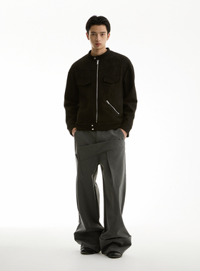 FUNKYFUN 2024AW 黑色麂皮绒小立领拉链宽松夹克外套