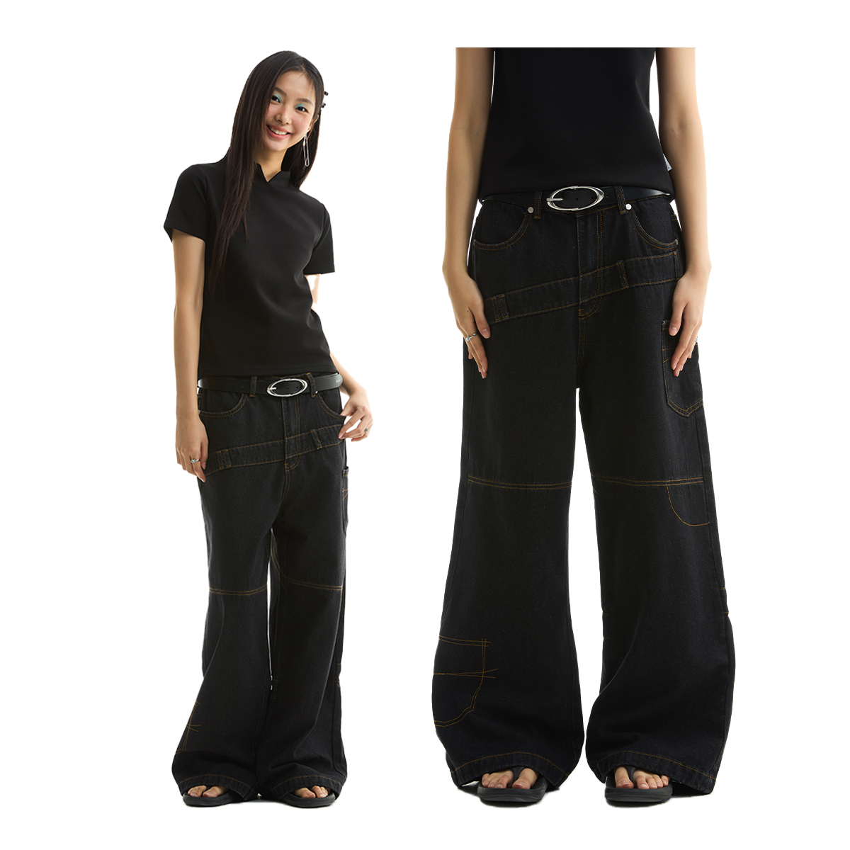 FUNKYFUN 2025SS 黄铜色线绣黑色宽松直筒牛仔裤长裤