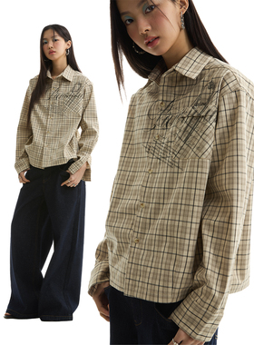 FUNKYFUN 2025SS 花体标语成品印花卡其格纹宽松长袖衬衫外套
