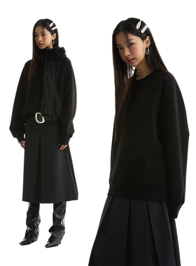 FUNKYFUN 2025SS 黑色宽松空气层太空棉插肩袖圆领套头长袖卫衣