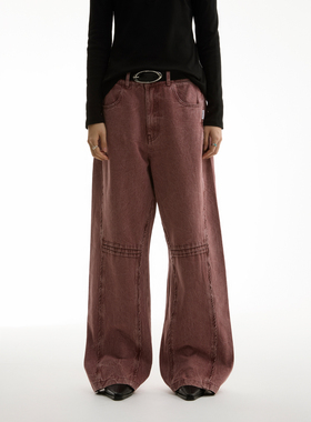 FUNKYFUN 2024AW 活页骨位设计粉色做旧洗水直筒牛仔裤