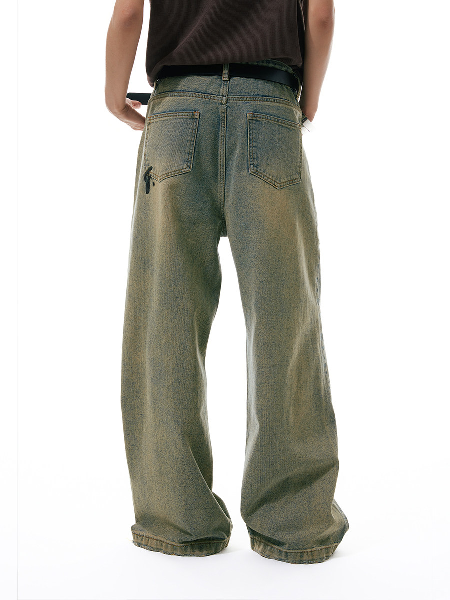 FUNKYFUN ORIGINAL DESIGN WASH WATER DO OLD LOOSE STRAIGHT JEANS MENS AND WOMENS TRENDY RIPPED HOLES EDGED WIDE-LEG PANTS