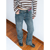 长裤 FUNKYFUN美式 显瘦直筒四季 粉色刺绣中低腰修身 复古洗水牛仔裤