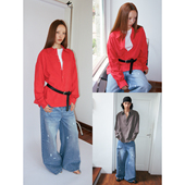 FUNKYFUN 柔软磨毛做旧质感廓形翻领半开门襟宽松套头衬衫 外套