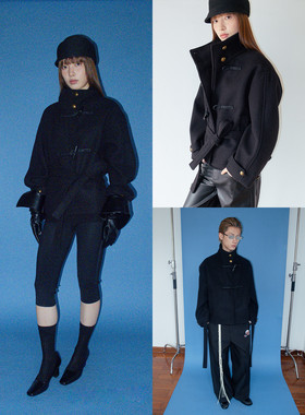 FUNKYFUN 手缝古铜色纽扣牛角扣廓形中长款绑带立领毛呢大衣外套