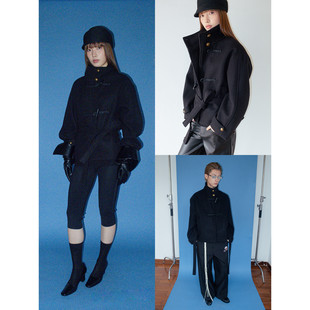 FUNKYFUN 绑带立领毛呢大衣外套 手缝古铜色纽扣牛角扣廓形中长款