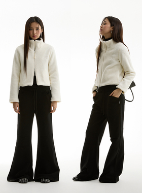 FUNKYFUN 2024AW 同色绣标黑白色短款摇粒绒立领拉链外套