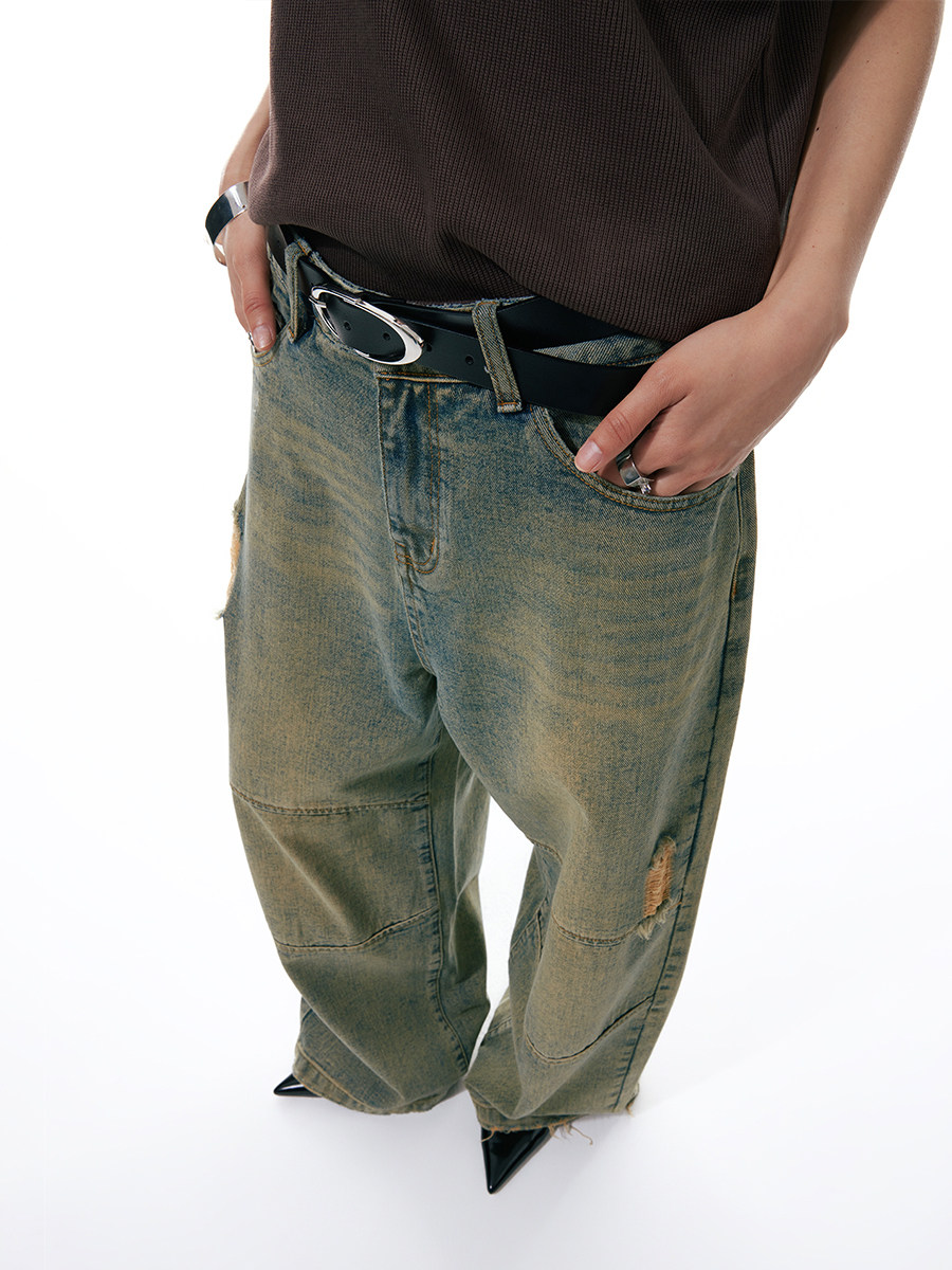 FUNKYFUN ORIGINAL DESIGN WASH WATER DO OLD LOOSE STRAIGHT JEANS MENS AND WOMENS TRENDY RIPPED HOLES EDGED WIDE-LEG PANTS