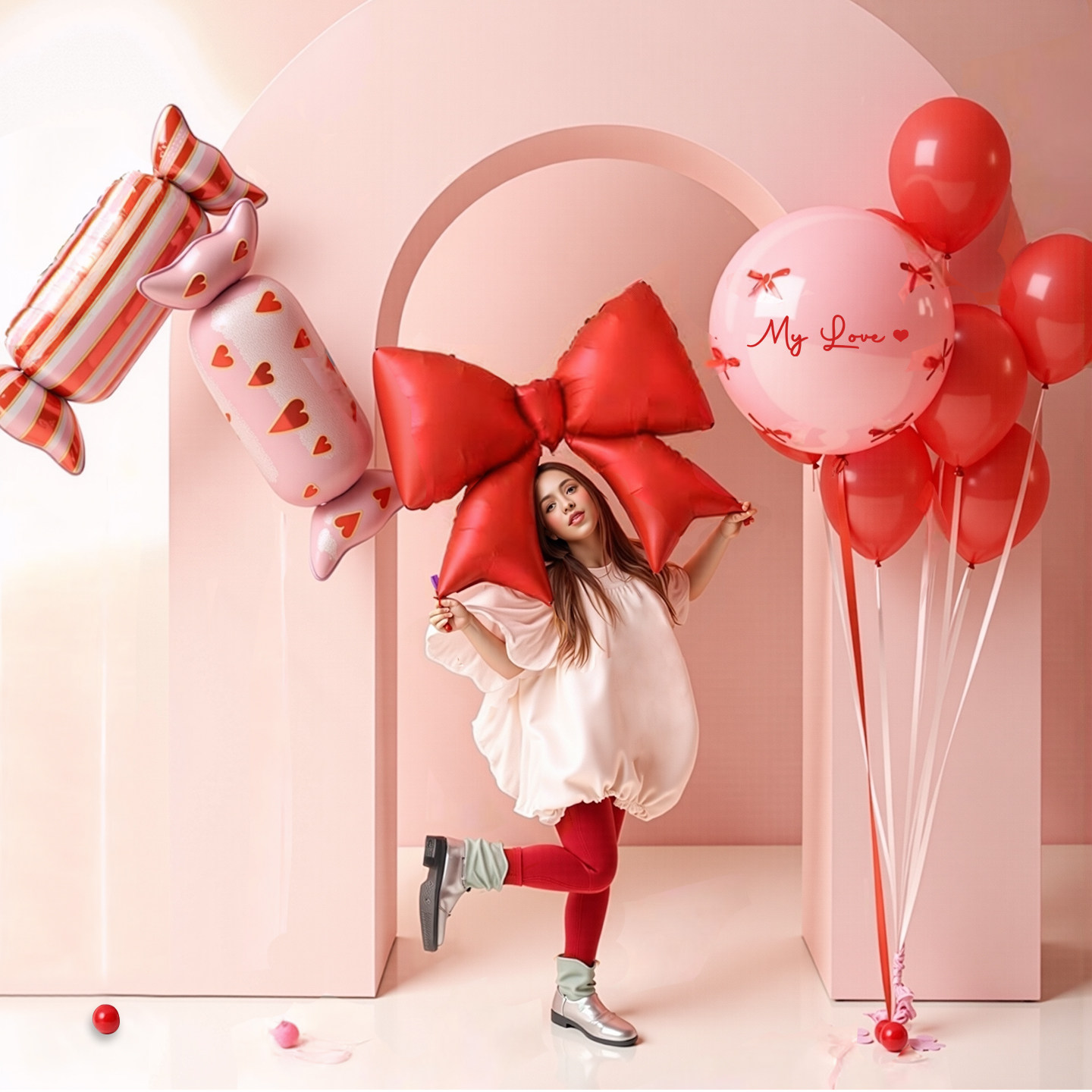 卡通爱心条纹糖果铝膜气球大红色蝴蝶结生日派对女孩周岁布置装饰