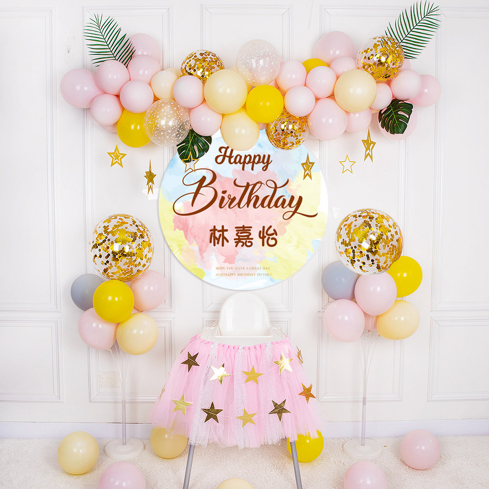 女孩一周岁生日趴体布置定制公主宝宝派对海报背景墙装饰气球装扮
