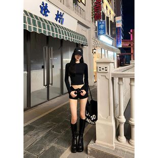 纯欲高腰半高领T恤短款露脐内搭打底衫女修身长袖百搭显瘦ins潮