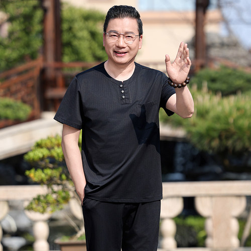夏季中老年男短袖唐装套装黑色