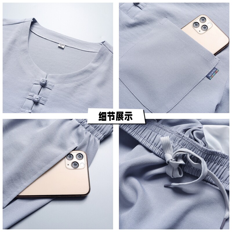 TANG COSTUME DAD SUMMER DRESS SHORT SLEEVE SUIT MIDDLE-AGED AND ELDERLY MAN 60-YEAR-OLD GRANDFATHER SUMMER ELDERLY CLOTHES LOOSE TWO-PIECE SUIT