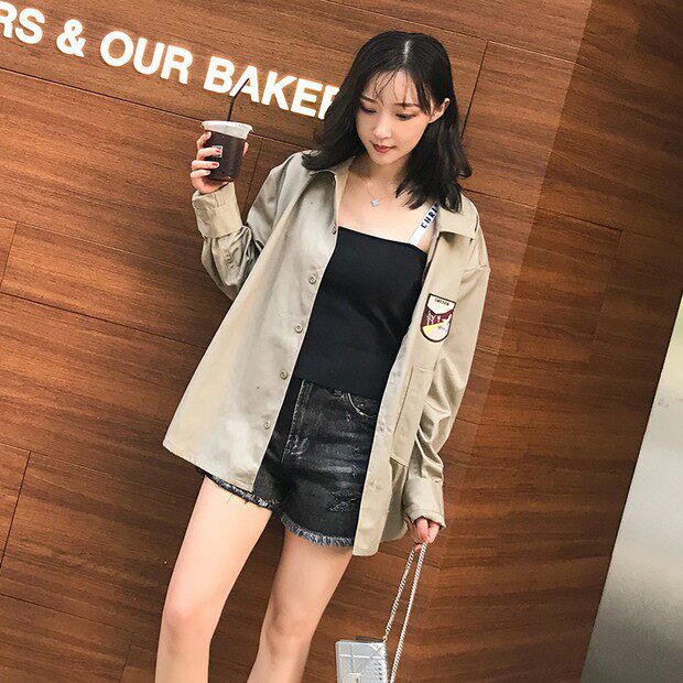 2022新款徽章衬衫宽松立领中性薄款长袖开衫韩版外套女上衣潮工装