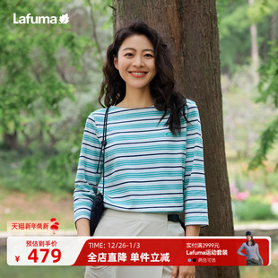 法国LAFUMA乐飞叶户外吸湿速干七分袖 T恤女休闲运动条纹圆领上衣
