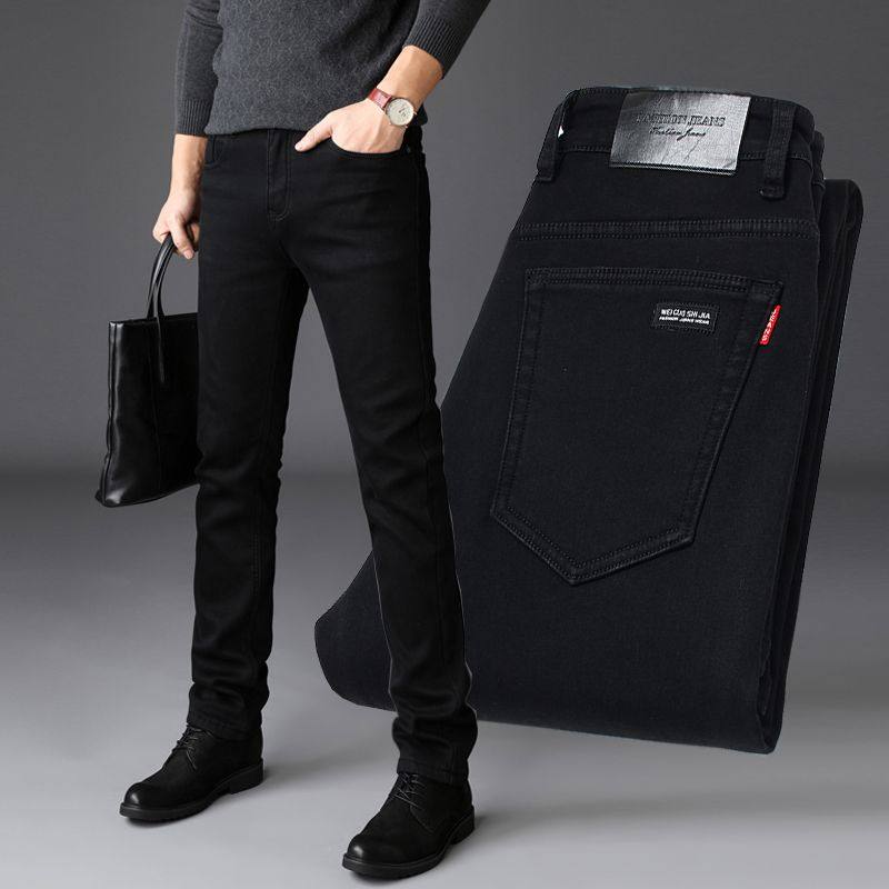 纯黑色带绒修身直筒牛仔裤男款2024新款秋冬款牛子裤弹力加绒长裤