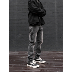 显瘦长裤 男直筒修身 潮 高街水洗烟灰色侧边拉链开叉牛仔裤 JDKZ美式