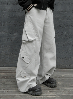 JDKZ美式复古重工阔腿宽松多口袋工装裤男街头潮牌痞帅百搭休闲裤