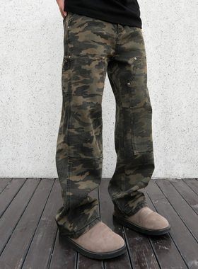 JDKZ夏季美式复古伐木设计感工装迷彩牛仔裤男款潮牌痞帅炸街长裤