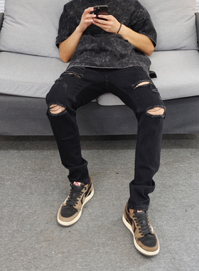 JDKZ春夏美式黑色破洞牛仔裤男修身弹力小脚膝盖刀割破坏乞丐裤潮