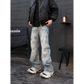 男街头直筒宽松休闲百搭裤 JDKZ美式 复古水洗做旧废土风泼墨牛仔裤
