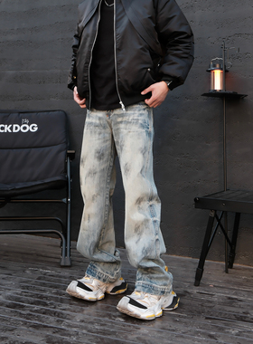 JDKZ美式复古水洗做旧废土风泼墨牛仔裤男街头直筒宽松休闲百搭裤