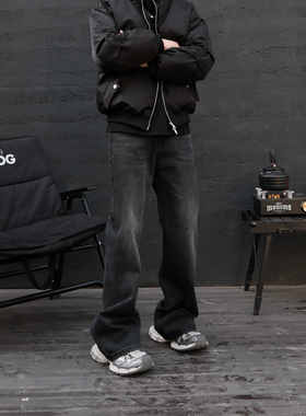 JDKZ美式复古做旧黑灰色cleanfit微喇牛仔裤男生直筒修身休闲长裤