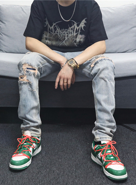 JDKZ夏季简约复古水洗做旧破洞牛仔裤男街头修身贴布补丁乞丐裤潮