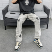 JDKZ欧美高街复古水洗十字架牛仔裤 男街头嘻哈VIBE风休闲百搭长裤