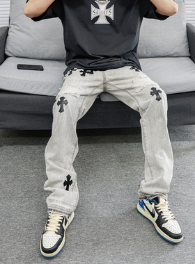 JDKZ欧美高街复古水洗十字架牛仔裤男街头嘻哈VIBE风休闲百搭长裤