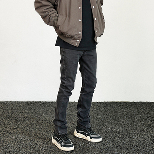 显瘦喇叭裤 JDKZ欧美高街复古水洗黑灰色弹力牛仔裤 男潮VIBE风修身