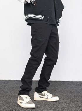 JDKZ高街黑色假破洞牛仔裤男休闲百搭直筒修身补丁破坏毛边小脚裤