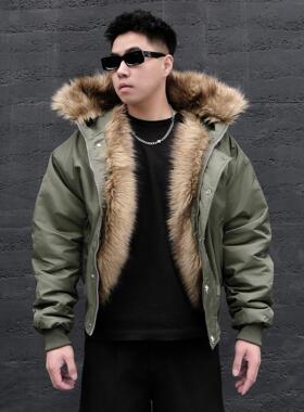 JDKZ冬季美式复古毛领飞行员夹克棉衣男女潮牌保暖短款座山雕外套