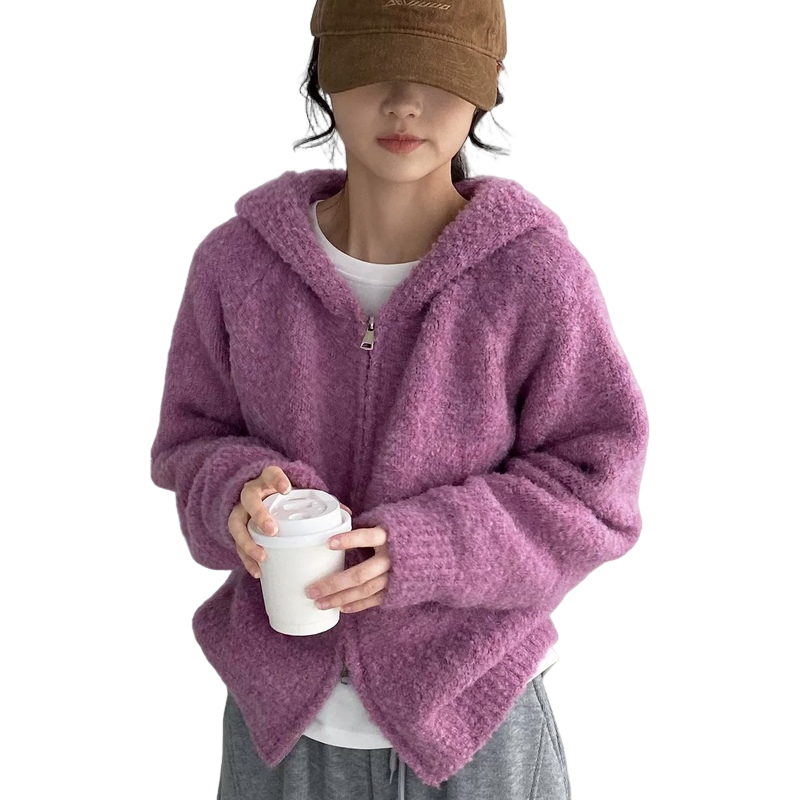 那末毛茸茸韩系温柔显白羊毛圈圈纱连帽毛衣女慵懒风拉链针织外套