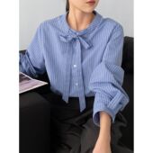 韩系圆领通勤气质条纹衬衫 那末 海街日记 女系带蝴蝶结衬衣