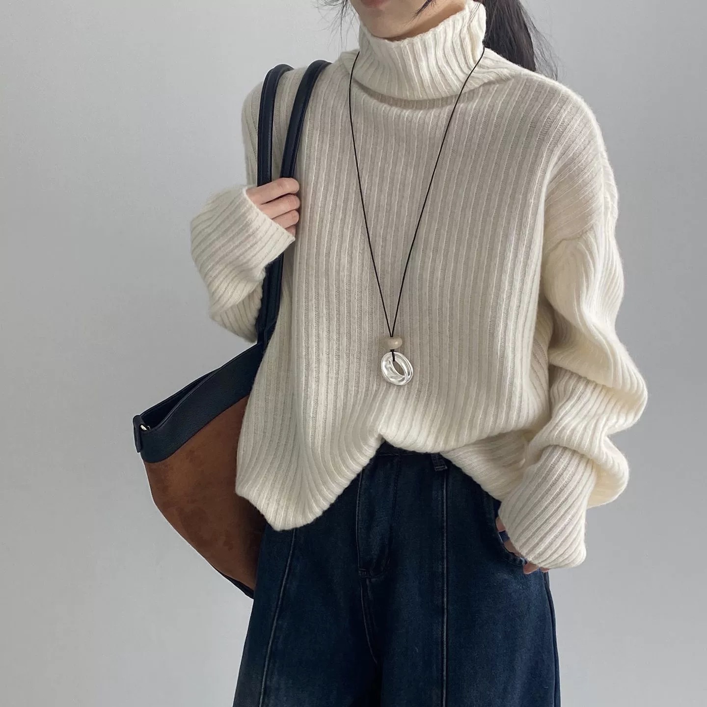 那末 显白！韩系100羊毛高品质坑条高领毛衣女慵懒风宽松针织衫