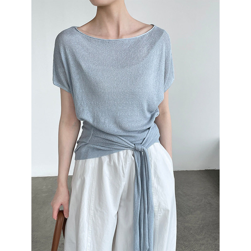 通勤个性  气质款一字领绑带收腰薄款针织短袖女简约斜肩短袖