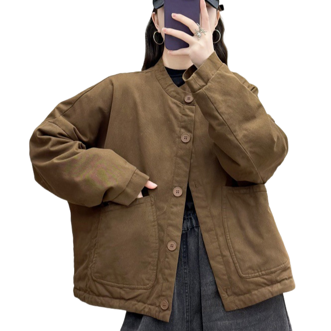 立领加棉棉服 2025新款时尚大口袋纯色单排扣百搭开衫短款外套女