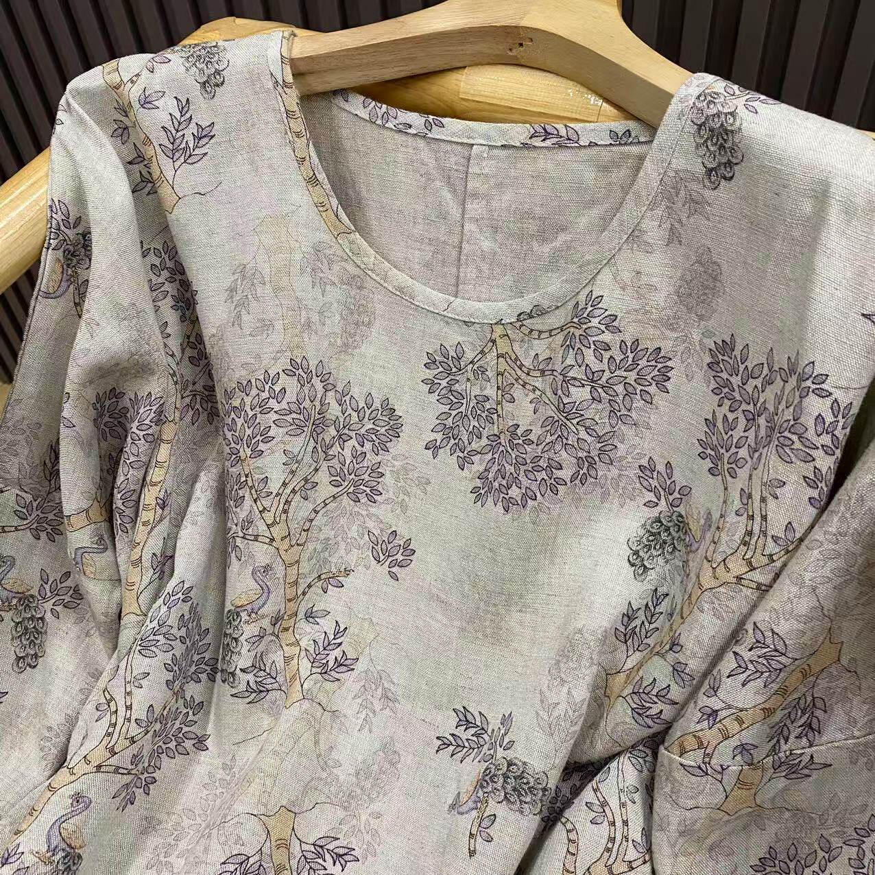 早春复古印花亚麻套头长衫文艺圆领宽松显瘦百搭T恤女中长款素雅