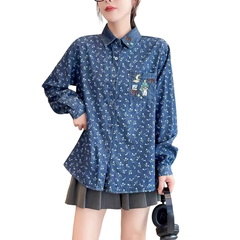 日系刺绣口袋牛仔印花衬衫女春季新款宽松百搭减龄小清新翻领上衣