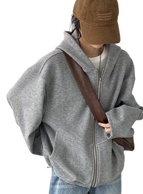 基础款拉链 素颜公式 灰色加绒加厚连帽卫衣女宽松休闲百搭外套