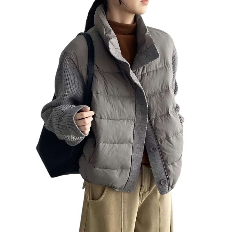 那末韩系百搭毛线针织拼接羽绒服~通勤设计感立领休闲白鸭绒外套