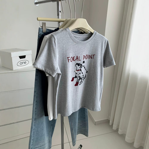 韩版植绒230克baby绒斑点狗印花短袖女秋冬减龄磨毛卡通圆领打底