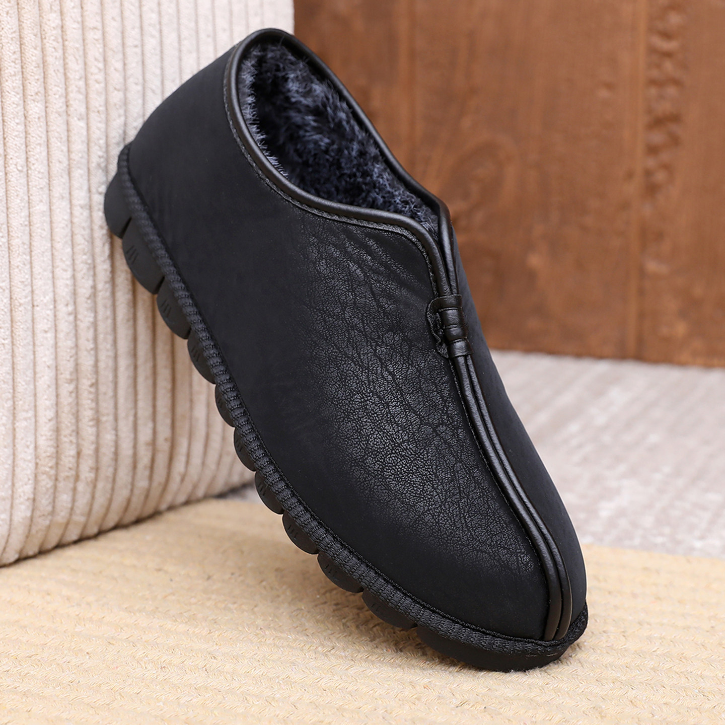 老北京布鞋男冬季加绒保暖防滑爸爸鞋黑色休闲传统复古一脚蹬棉鞋,流行男鞋,布鞋,淘宝优惠券,粉丝福利购,淘宝优惠卷