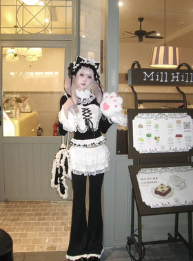 【制服派对】原创亚文化绑带蕾丝印花黑白姬袖修身上衣T恤裤子