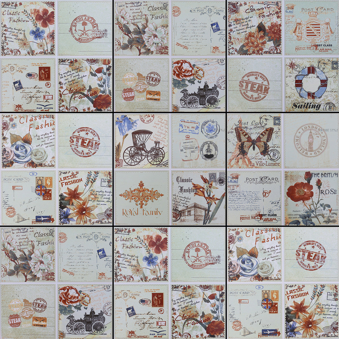 仿古砖报纸砖花砖300*300幼儿园卡通瓷砖卫生间墙砖花草蝴蝶花片