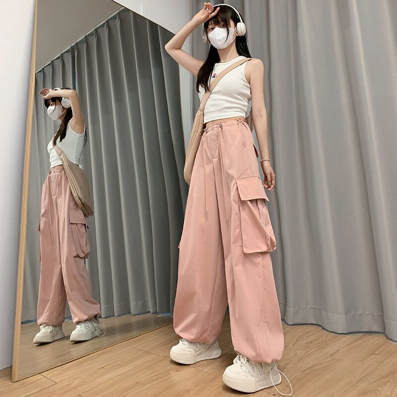 锦纶工装裤女装夏季女2025设计感直筒阔腿裤休闲大口袋美式